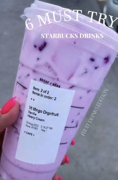 a woman holding up a purple drink with ice cream on it and the words 6 must try