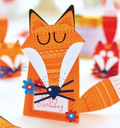 an origami card with a fox on it's face and the words happy birthday