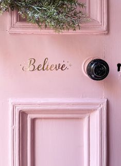 a pink door with the word believe painted on it and a green plant hanging above