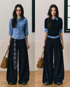 South Korea 80s Fashion, Simple High Fashion Outfits, Fitted Jumper Outfit, Law School Outfit Aesthetic, Office Outfits Women Pants, Indigo Outfit Aesthetic, Style Khaki Pants Women, Korean Outfit Office, White Color Combinations Outfit