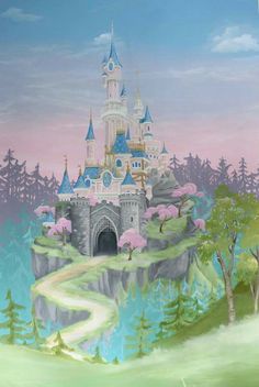 a painting of a castle in the middle of a forest with pink flowers on it