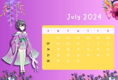 2024 July Floral wall template Wallpaper Download, Calendar Design