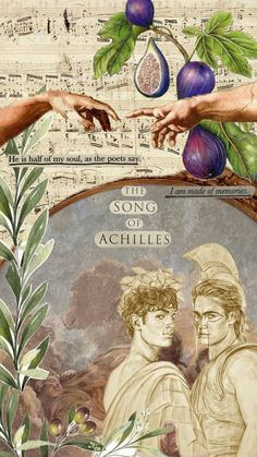 two hands reaching for an eggplant on top of sheet music with the words song of achilles