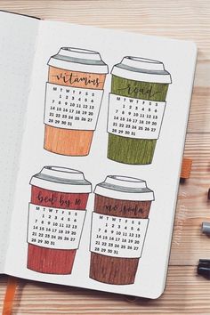 an open notebook with coffee cups on it and the date in each cup is shown