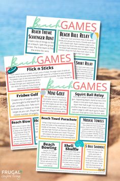 four games that are on the beach with water in the background and text overlaying them