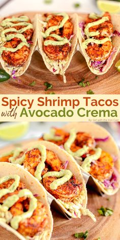 spicy shrimp tacos with avocado crema on a wooden platter next to lime wedges