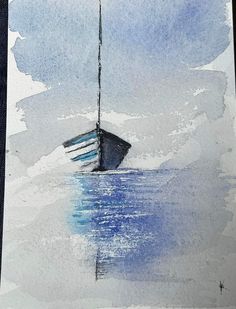 a watercolor painting of a boat in the ocean with blue skies and clouds above it