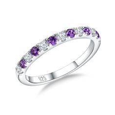 PRICES MAY VARY. Sterling Silver Band Rings for Women: This amethyst band ring is crafted from hypoallergenic 925 sterling silver and plated with thick rhodium to give extra shine, not easy to fade or turn green, great for sensitive skin and very comfortable to wear Amethyst Rings for Women: This amethyst ring desgin half eternity round look of sparkling, set with created amethyst and 5A cubic zircoina in a slim, half-eternity gemstone ring that can be worn alone or stacking with your engagement Silver Eternity Band With Accent Stones For Anniversary, Round Eternity Band With Accent Stones For Promise, Cubic Zirconia Eternity Band With Accent Stones For Anniversary, Amethyst Wedding Band, Amethyst Rings, Stackable Birthstone Rings, Rings Eternity, Birthstone Rings, Stackable Wedding Bands