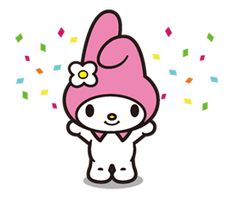 a hello kitty with a pink hat and flower on it's head standing in front of confetti sprinkles