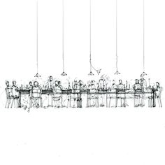 a drawing of a long table with people sitting at it