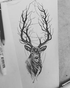 a drawing of a deer's head with trees in the background