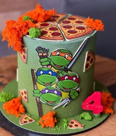 Cake Turtle Ninja, Ninja Turtle Theme Cake, Teenage Mutant Ninja Turtle Birthday Cake, Tmnt Birthday Party Ideas, Ninja Turtles Birthday Party Ideas, Shrimp Carbonara, Dinosaur Birthday Party Food