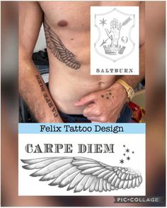 a man with tattoos on his chest and the words carpe diem below him