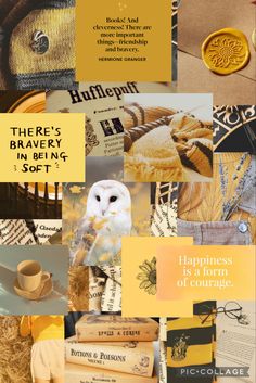 the collage shows different types of items and words in yellow, black, and white