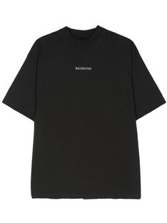 Find BALENCIAGA Studded-logo T-shirt on Editorialist. black cotton jersey texture distressed effect studded logo detail to the front and rear crew neck short sleeves straight hem We've partnered with Good On You — an independent agency that rates how brands perform in relation to their impact on the planet, people and animals, with a multi-criteria rating simplified to a five points scale. In order to be awarded our conscious label, larger brands need to score a minimum of four out of five ('Good'), while smaller brands must score at least three out of five ('It's A Start'). This item comes from a brand rated three out of five ('It's A Start') by Good on You at the time it was added on FARFETCH. Please note, this is a brand-level rating and does not guarantee that this product is made with Balenciaga T Shirt, Planet People, City Dress, Five Points, Demi Fine Jewelry, Summer Beach Wear, Jersey Shirt, Ski Wear, Christmas List