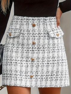 Falda elegante de mujer con detalle de solapa con estampado a cuadros Blanco Elegante   Poliéster A cuadros Recta Elástico Ligero  Women Clothing, size features are:Bust: ,Length: ,Sleeve Length: High Waisted Plaid Skirt, High Waist Mini Skirt, Womens Tweed, Tweed Mini Skirt, Simple Top, Tweed Skirt, Shirt Sweater, Plaid Skirts, White Skirts