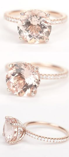 three different types of engagement rings with diamonds on each side and an oval shaped morganite in the middle