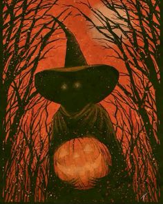 a painting of a witches hat on top of a pumpkin