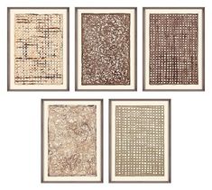 four framed art pieces in various shapes and sizes, each with different patterns on them