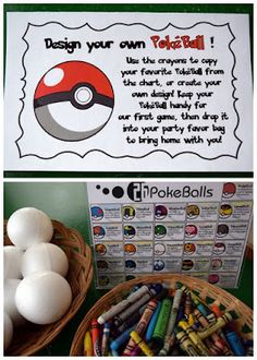 some eggs and crayons in baskets on a table with a sign that says design your own pokemon