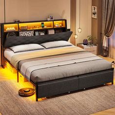 a large bed sitting on top of a hard wood floor next to a night stand