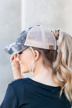 CC stretch Criss-Cross Camo Hat. All the function of a regular ball cap, now with a stretch cross-back opening that allows you to throw that hair up in a messy bun, or high OR low ponytail.Authentic Stamped C.CDistressed finishNon-structured crownLow ProfilePremium cotton twill front and visor, mesh nylon backAdjustable Velcro twill closureFits teen-adult Style Ponytail, Ponytail Cap, Distressed Baseball Cap, Camo Hat, A Messy Bun, Rose Leggings, Beige Nails, Unfortunate Events, Ponytail Hat