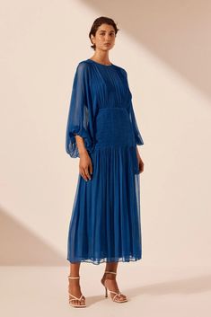 Maya Ruched Panelled Midi Dress | Strong Blue | Dresses | Shona Joy – Shona Joy International Blue Flowy Dress With Elastic Sleeves, Flowy Blue Dress With Elastic Sleeves, Fitted Silk Chiffon Midi Dress, Evening Midi Dress With Elastic Sleeves, Elegant Midi Dress With Blouson Sleeves For Spring, Elegant Spring Midi Dress With Blouson Sleeves, Ruched Bishop Sleeve Party Dresses, Formal Summer Dresses With Blouson Sleeves, Silk Chiffon Midi Dress For Summer