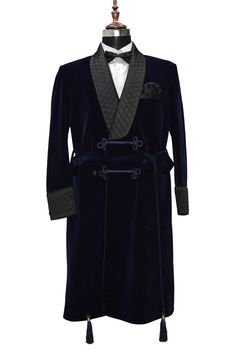 Men Navy Blue Smoking Gown Quilted Lapel Dinner Party Wear Long Coat Luxury Long Coat For Larp, Luxury Navy Long Coat, Luxury Velvet Men's Outerwear, Luxury Elegant Men's Fur Coat, Party Wear Blazers, Luxury Long Sleeve Fur Coat For Men, Special Gifts For Him, Dinner Jacket, Velvet Blazer