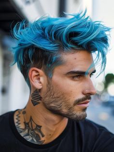 Discover 28 Bold Mens hair color blue Ideas from Sky Highlights to Midnight Blue Tones Mens Hair Color, Short Blue Hair, Men's Curly Hairstyles, Beard Dye, Mohawk Hairstyles Men, Dyed Hair Men, Hair Styels, Mens Hair Colour, Bold Hair Color