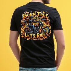 Black T-shirt With Front Print For Biker Events, Biker T-shirt With Sublimation Print For Biker Events, Biker Style T-shirt With Sublimation Print For Biker Events, Biker Style T-shirt With Front Print For Biker Events, Biker Style Crew Neck T-shirt With Custom Print, Biker Top With Sublimation Print For Motorcycling, Moto Style Letter Print T-shirt For Biker Events, Black Biker T-shirt For Biker Events, Black Biker T-shirt For Motorcycling