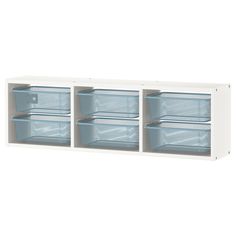 a white cabinet with blue bins on the bottom and two shelves above it, in front of a white background