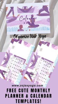 a calendar with the words organize your yoga on it and an image of a woman doing yoga