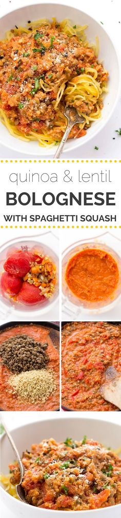 the recipe for bolognzone with spaghetti and tomato sauce is shown in four different pictures