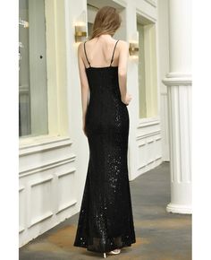 Buy Bling Black Formal Sequins Sparkly Party Dress With Split Spaghetti Straps at wholesale price online. High quality custom-made service pro since 2009. Black Evening Dress With Spaghetti Straps For Parties, Black Spaghetti Straps Evening Dress For Party, Fitted Spaghetti Strap Evening Dress For Banquet, Fitted Slip Dress For Party, Prom Evening Dress With Spaghetti Straps, Fitted Sling Prom Dresses, Black V-neck Suspender Dress For Party, Formal Suspender Dress With Spaghetti Straps, Black Slip Dress With Straps For Party