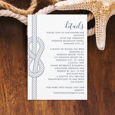 a wedding ceremony program on a wooden table with starfish and seashells in the background