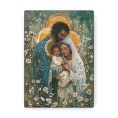 a painting of the virgin mary and child jesus with daisies in front of her