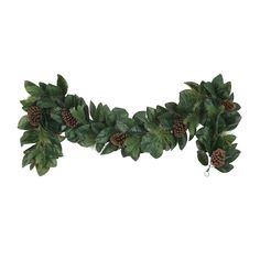 a green garland with pine cones and leaves