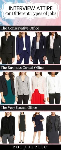 Wondering what the best interview attire is? It depends on the job you're interviewing for -- and the type of office it is. If you're a creative personality in a creative role, go with what you want -- but for everyone else looking for guidance on what to wear for an interview for a conservative office, interview attire for a business casual office, or even how to interview at a Very Casual office, these are some of our best tips on interview attire for different types of jobs. (Pro tip, though, Engineer Office Outfit, Career Guidance Outfit Ideas, What To Wear For An Interview For Women Office Style, Dress For Success Women Business, Law Office Attire, Outfits For An Interview Woman, Outfits For Interviews Professional, Business Professional Interview Outfit, Presentation Outfit Business