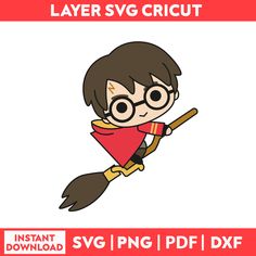 a cartoon character flying on a broom with the text layer svg cricut