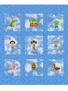 the toy story quilt is shown in blue and has pictures of different characters on it