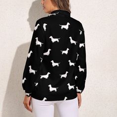 Wiener Dog Print Blouse Dachshund Silhouette Retro Graphic Blouses Women Casual Shirt Summer Fall Long Sleeve Tops With Dog Print, Casual Long Sleeve Dog Print Tops, Dachshund Silhouette, Oversized Clothes, Blouses Women, Wiener Dog, Dog Print, Print Blouse, Casual Shirt