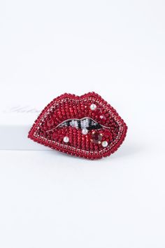 "Kiss me jewelry it is embroidered brooch by bead and gimp. Bridal Pin is a trendy item. Kiss me charm has a size 2.2*1.4 inches (5,5*3,5 cm). This lips wedding pin can be made with different crystals or charms according to your order. Red lips brooch - kiss me jewelry with Czech crystal beads. It will perfectly complement your unique jewelry collection or will be a wonderful gift for a special person. It can be used as a bridal brooch. Looks very elegant! Kiss brooch is carefully bead embroider Red Brooches For Valentine's Day, Red Brooch Pins For Valentine's Day, Red Beaded Brooch For Party, Lips Pin, Jewelry Valentines Day, Bridal Brooch, Embroidered Brooch, Wedding Pins, Czech Crystal