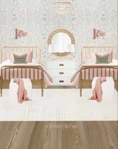 Cute shared girls bedroom mood board with a floral wallpaper and two spindle twin bed! This bedroom has cream and pink accents and is the perfect space for a shared sibling bedroom Twin Jenny Lind Beds, Twin Girl Bedding, Twin Bed Girls Room Ideas, Two Twin Beds Girls Room, Girls Twin Bedroom Ideas, Twin Girls Bedroom Ideas, Jenny Lind Bed Girl Room, Hanson Upholstered Bed, Twin Girls Bedroom