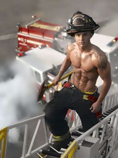 a shirtless firefighter standing on a ladder