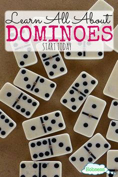 domino game with the words learn all about dominos start today on it and lots of black dots