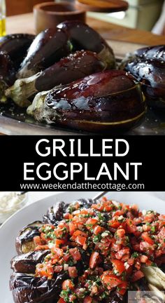 grilled eggplant with tomatoes and other vegetables on a white plate next to an eggplant dish