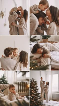 a mother and her two children are playing around the christmas tree