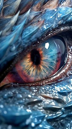 the eye of a blue dragon with orange and yellow feathers on it's head