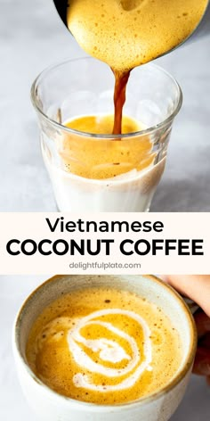 a person pouring coffee into a bowl with the words vietnamese coconut coffee in it and an image of a hand holding a spoon