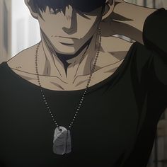 an anime character wearing a black shirt and necklace